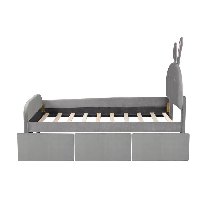 Rabbit Ears Shaped Children Platform Bed Frame with 3 Drawers