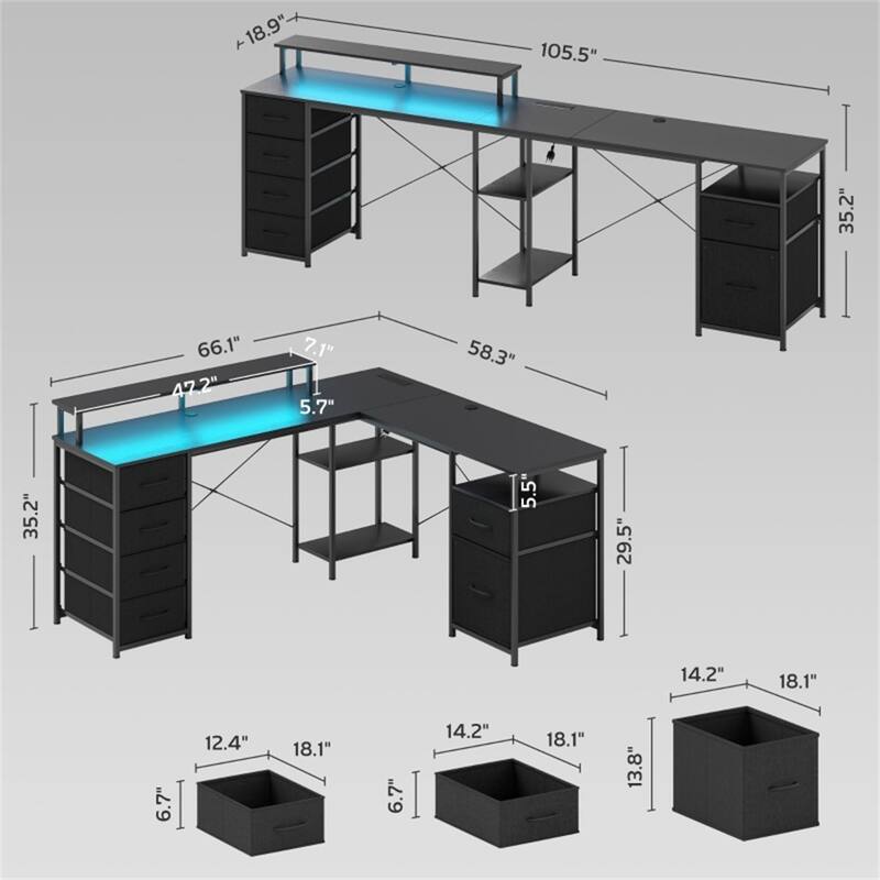 L Shaped Gaming Desk with RGB LED Light USB Charging Ports Storage Drawers and Ergonomic Monitor Stand Sturdy Office