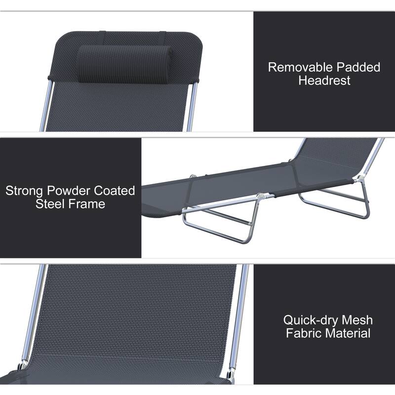 Outsunny Portable Sun Lounger, Folding Chaise Lounge Chair w/ Adjustable Backrest & Pillow for Beach, Poolside and Patio, Black