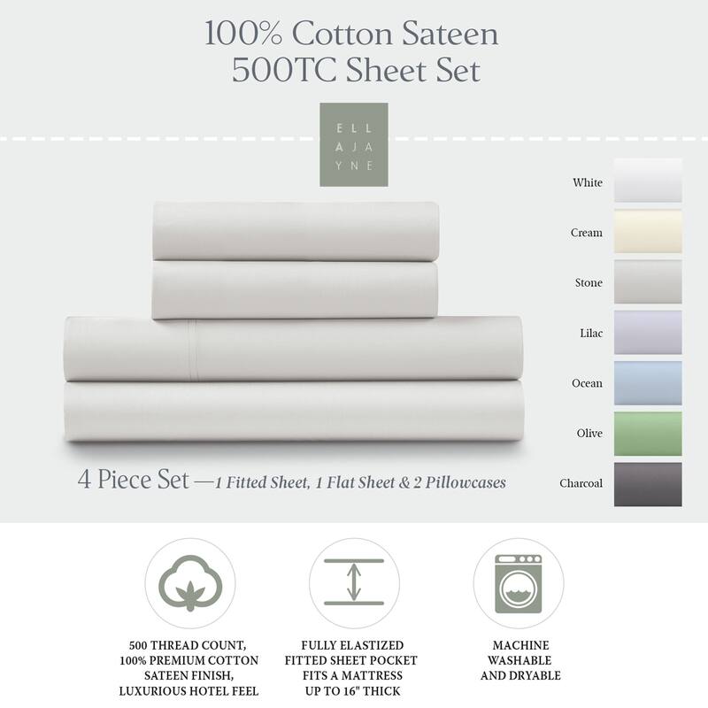 Ella Jayne 100% Cotton Sateen 500 Thread Count Deep Pocket 4-piece Sheet Set