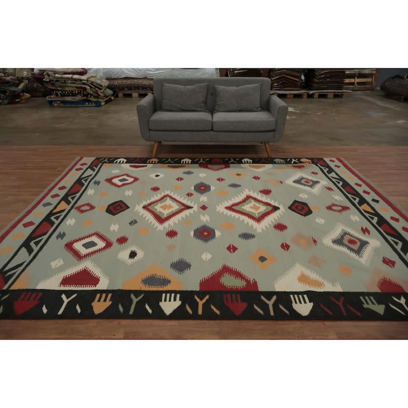 Hand Woven Oriental 100% Wool Carpet Southwestern Tribal Greys & Charcoal Kilim Area Rug - 10' 1'' X 8' 4''