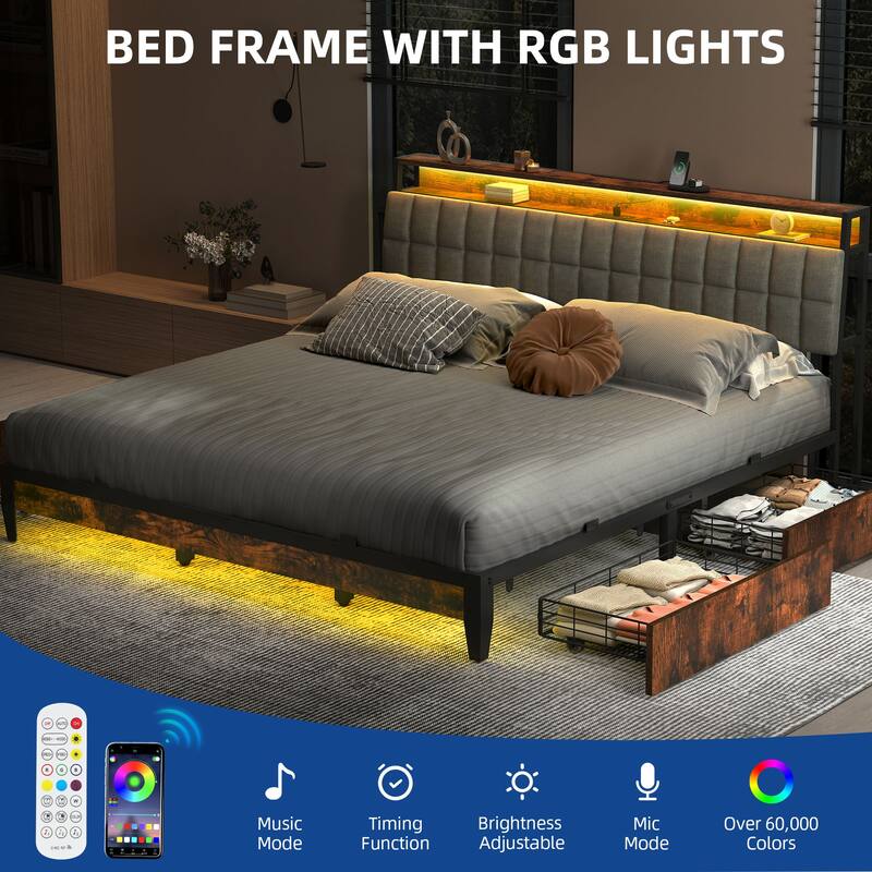 Moasis King/Queen/Full Size Upholstered Platform Bed with Charging Station and Storage Headboard