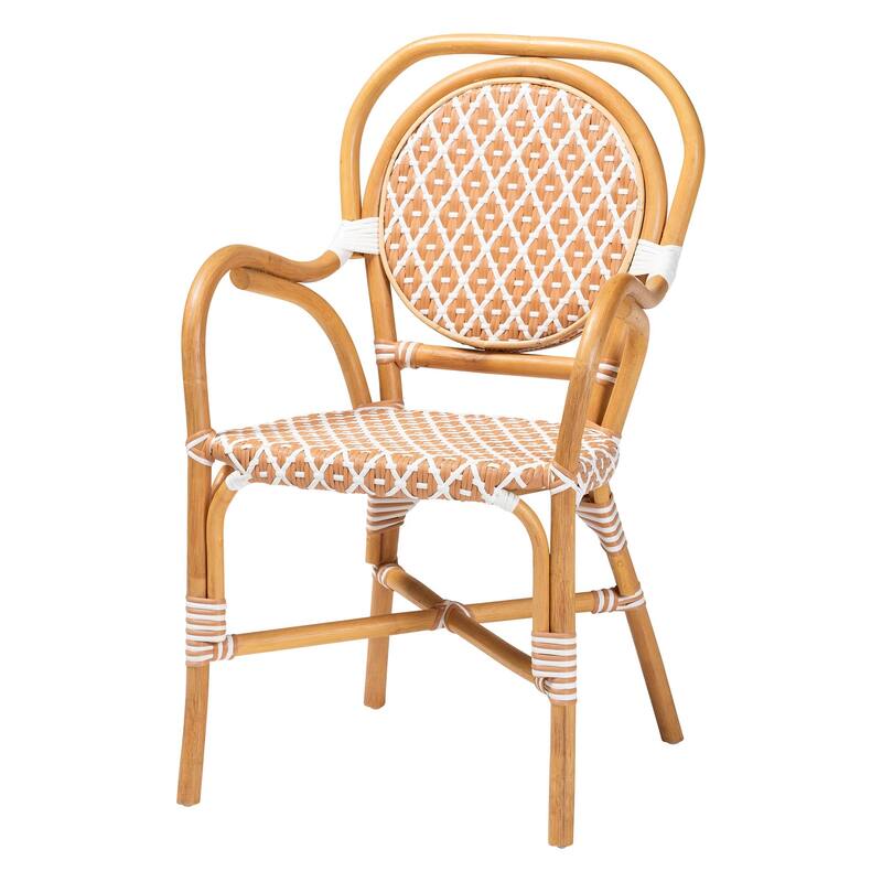 Mattie Rattan Bistro Chair - Handwoven Cafe-Style Dining Chair with Curved Arms for Kitchen or Indoor/Outdoor Lounge - Natural Brown/Beige/White