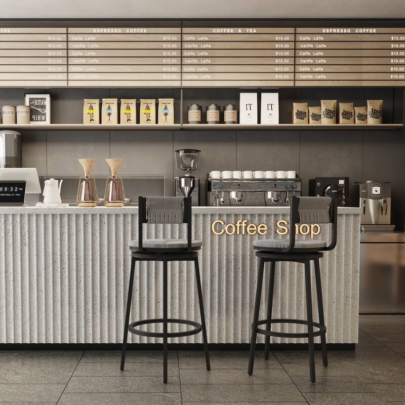 Modern Bar Stools Swivel Counter Chairs with Metal Frame Set of 2 Hand Woven Paper Rope Dining Barstools for Kitchen Counter