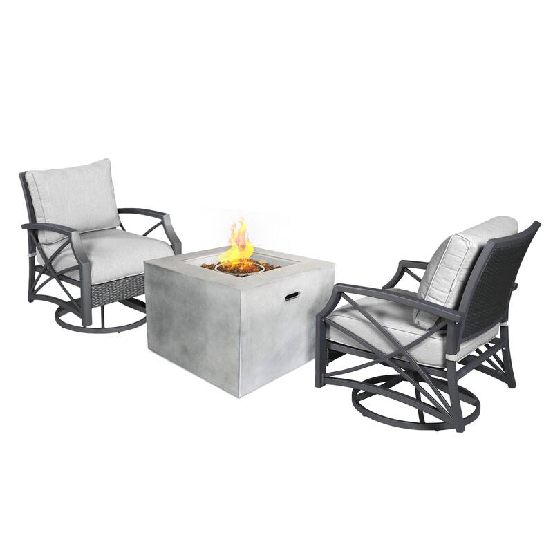 Kai 32" Square Concrete Propane Fire Pit Set for Patio (40,000 BTU) - 3PC/Grey/Grey - 3 PC SET