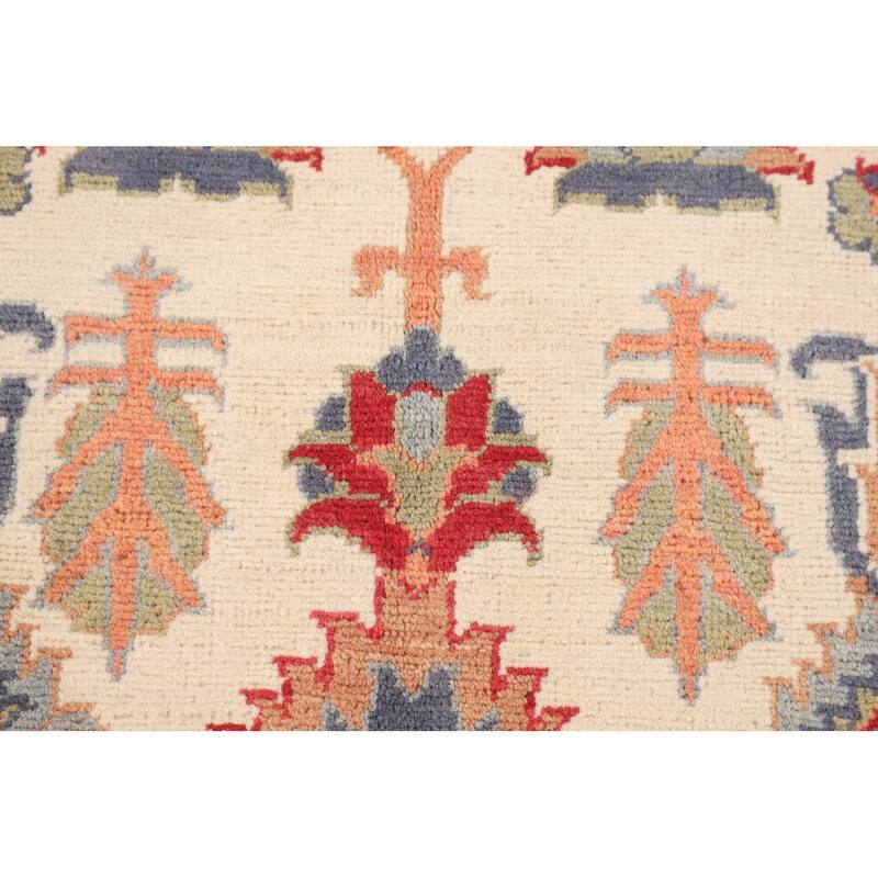 Blue Geometric Kazak Area Rug Hand-Knotted Oriental Wool Carpet - 4'11" x 6'7"