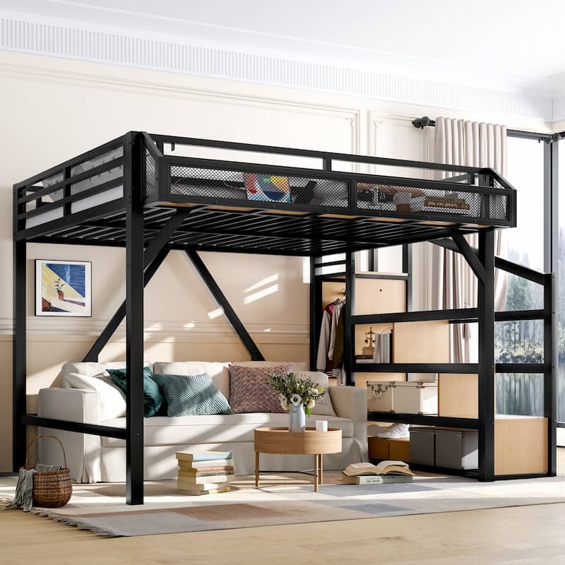 Queen Loft Bed with Wardrobe & Storage Stairs, Metal Frame with USB Ports & LED Lights