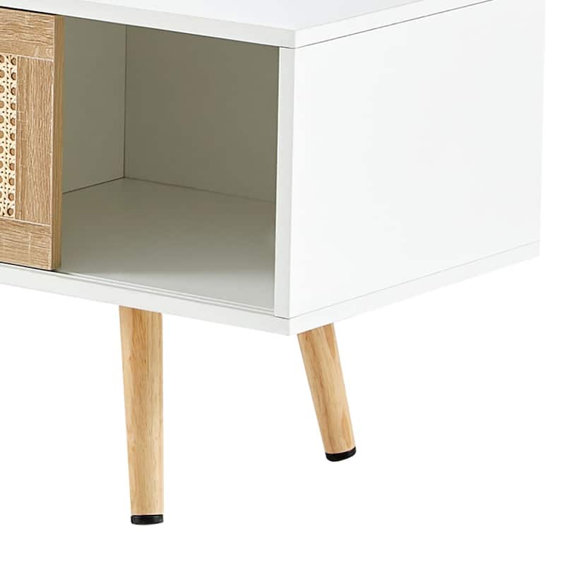 Modern Farmhouse Style Wooden TV Stand with Two Rattan Woven Sliding Doors