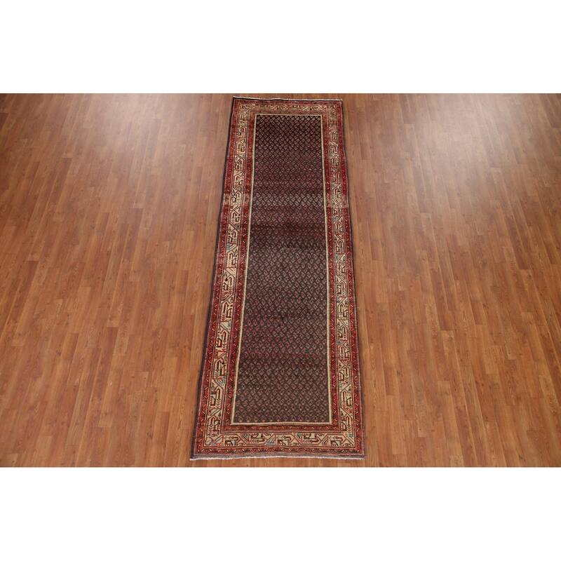 Hand Knotted Oriental 100% Wool Carpet Traditional All-Over Greys & Charcoal Botemir Runner Rug - 10' 4'' X 3' 4''