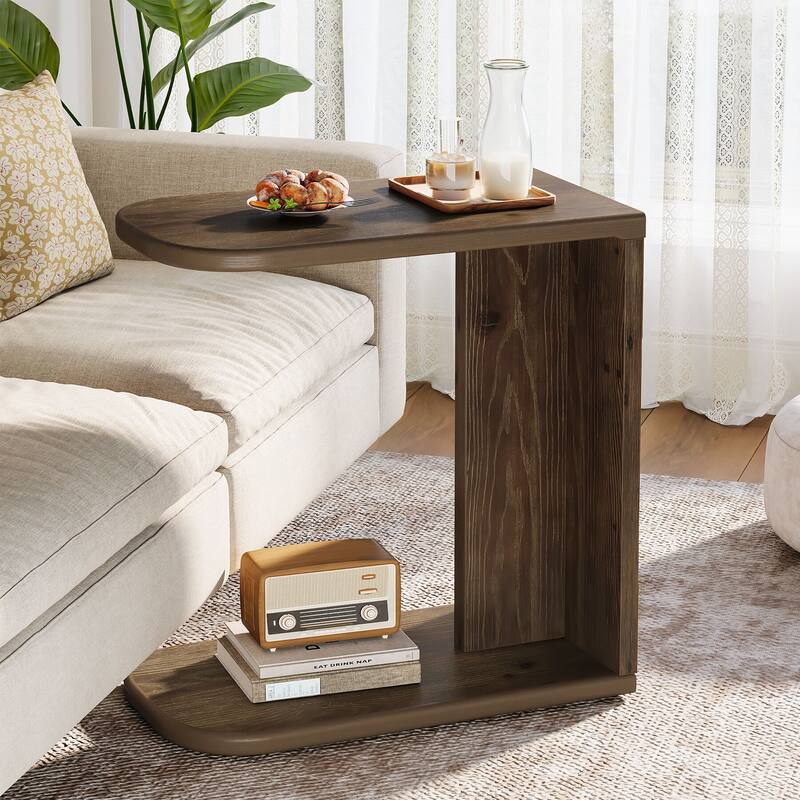 C-Shaped End Table, Small Solid Wood C Table for Sofa - Brown