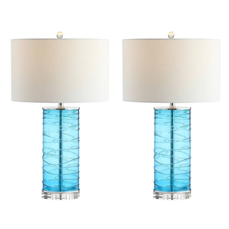 Coco 27.5" Modern Fused Glass Cylinder LED Table Lamp, Turquoise (Set of 2) by JONATHAN Y