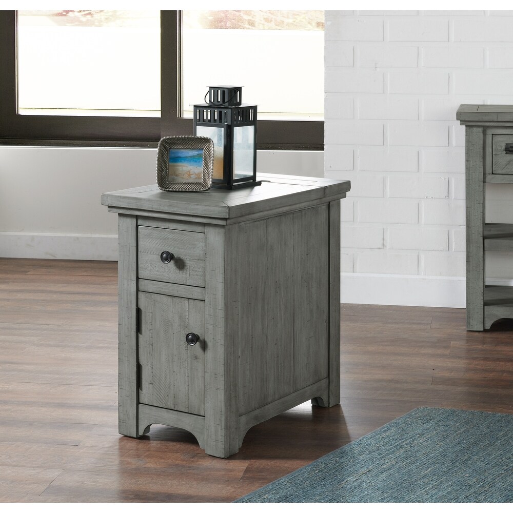 End Table with Charging Station in Walnut Brown Nautical Coastal Square Wood Finish Includes Hardware 