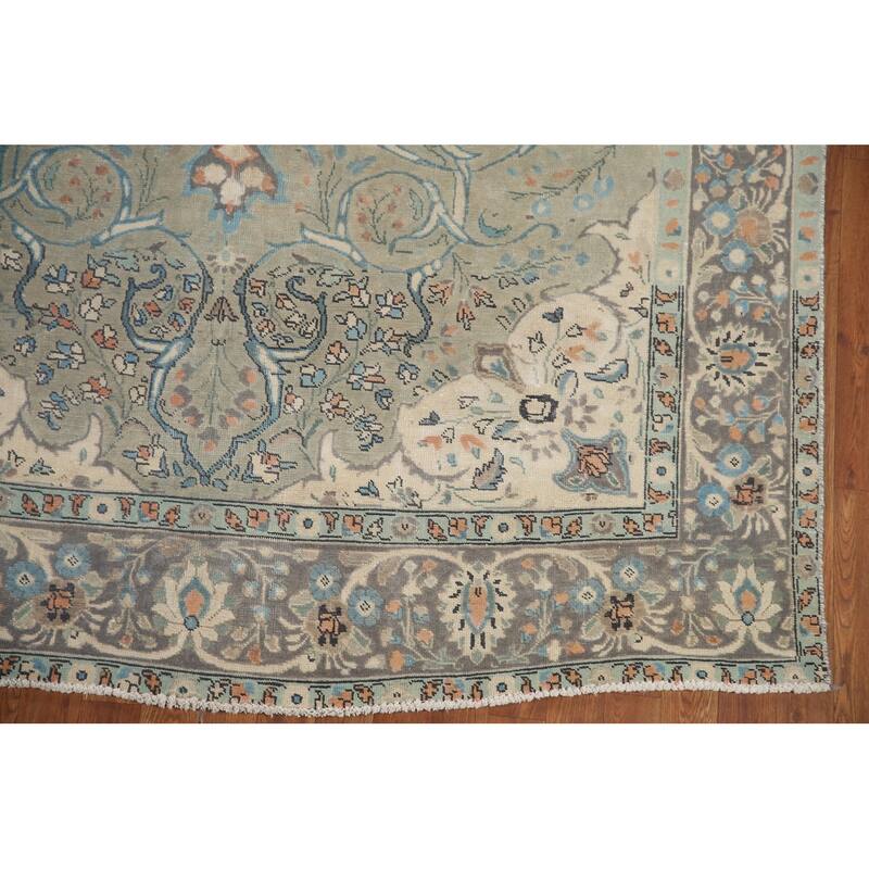Hand Knotted Oriental 100% Wool Carpet Traditional Floral Green Tabriz Area Rug - 9' 5'' X 6' 2''