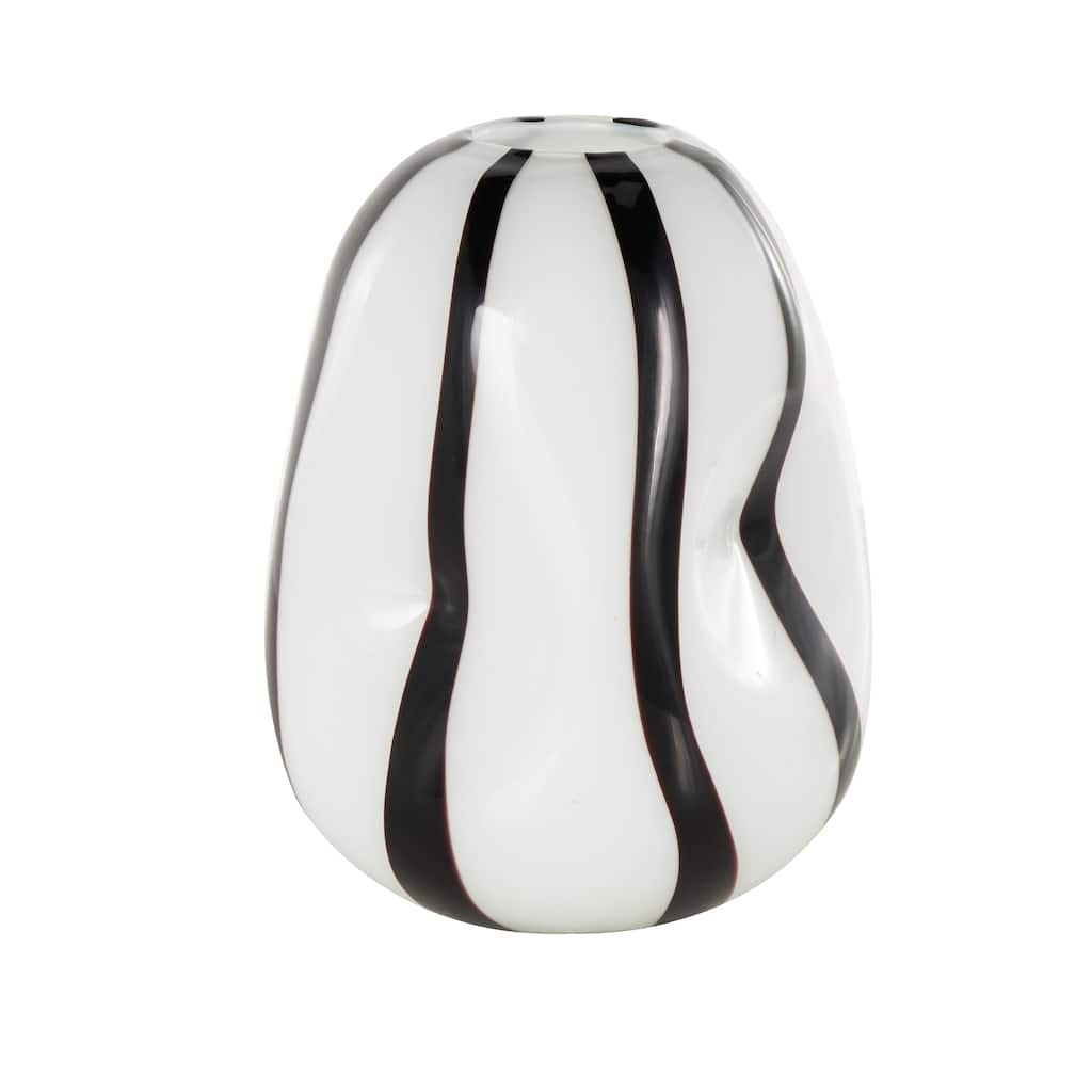 Glass Concaved Round Vase with Black Stripes - White - Roche River Decor