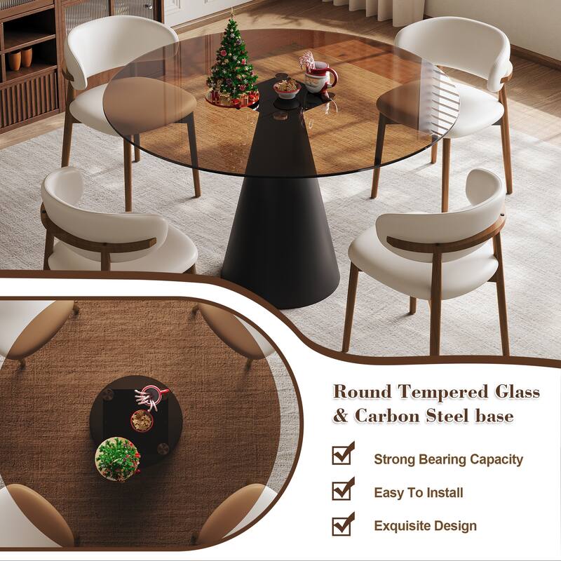 5 Piece Dining Set Round Glass Top Table Carbon Steel Base 4 Chairs for Small Spaces