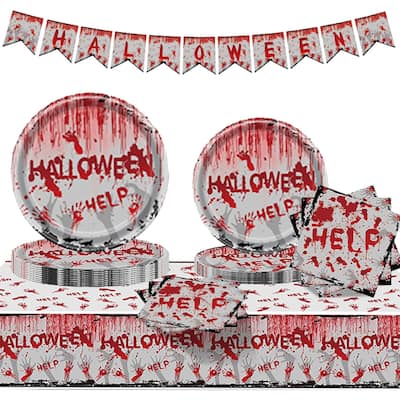 Halloween Bloody Party Tableware Set Scary Bloody Hand Print Disposable Paper Plates Napkins Cups Tablecloth