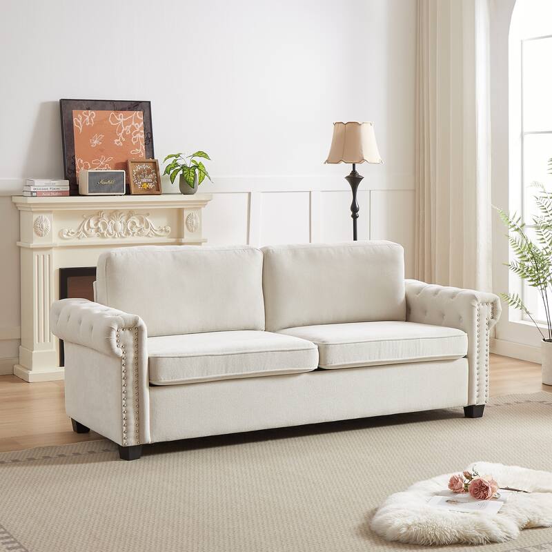 83.8" 2-in-1 Polyester 3-seater Nailheads Convertible Pullout Sofa Bed with Folding Mattress for Living Room - Beige