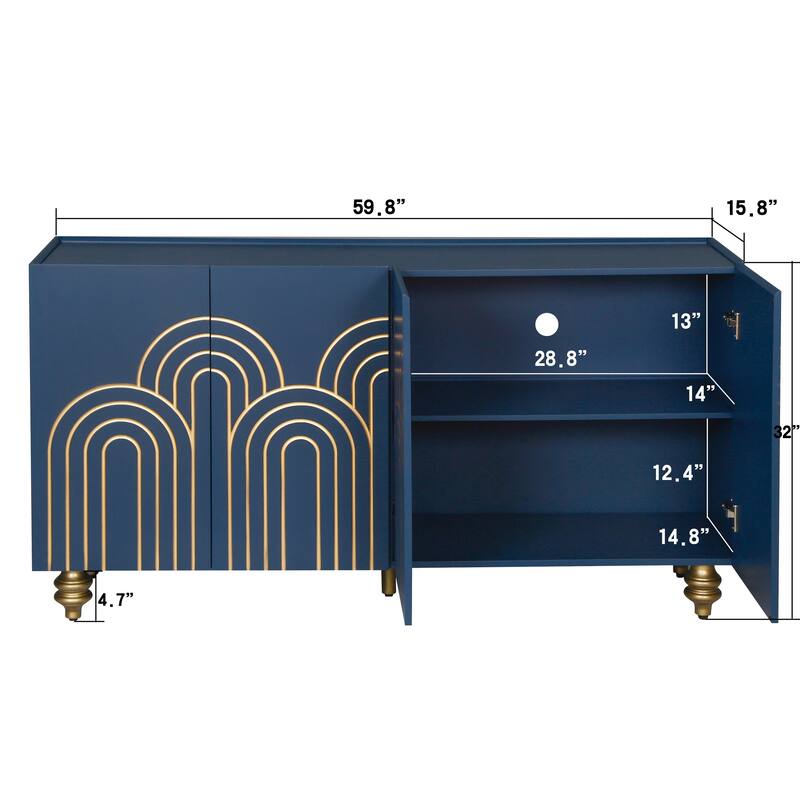 Modern Fluted Sideboard Buffet with Adjustable Shelves, Gold Base & 4 Doors for Kitchen or Dining Room