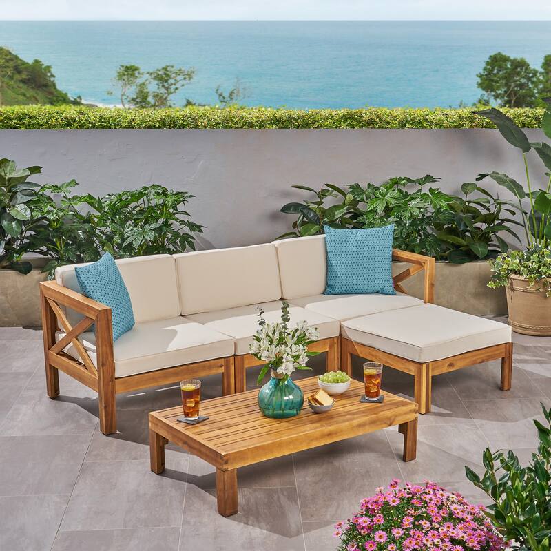 3 Piece Outdoor L-Shape Sofa Set, All-Weather Acacia Wood Conversation Furniture Set with Ottoman and Coffee Table - Beige