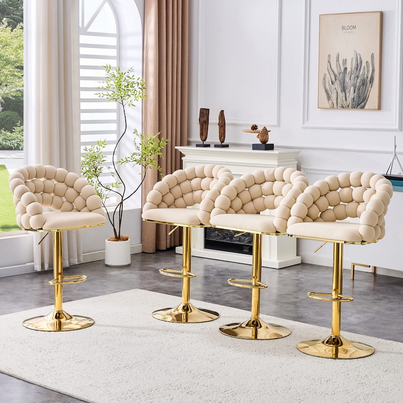Set of 2 Beige Puffy Bubble Chair Velvet Bar Stools with Gold Legs, Tufted Adjustable Bar Chairs