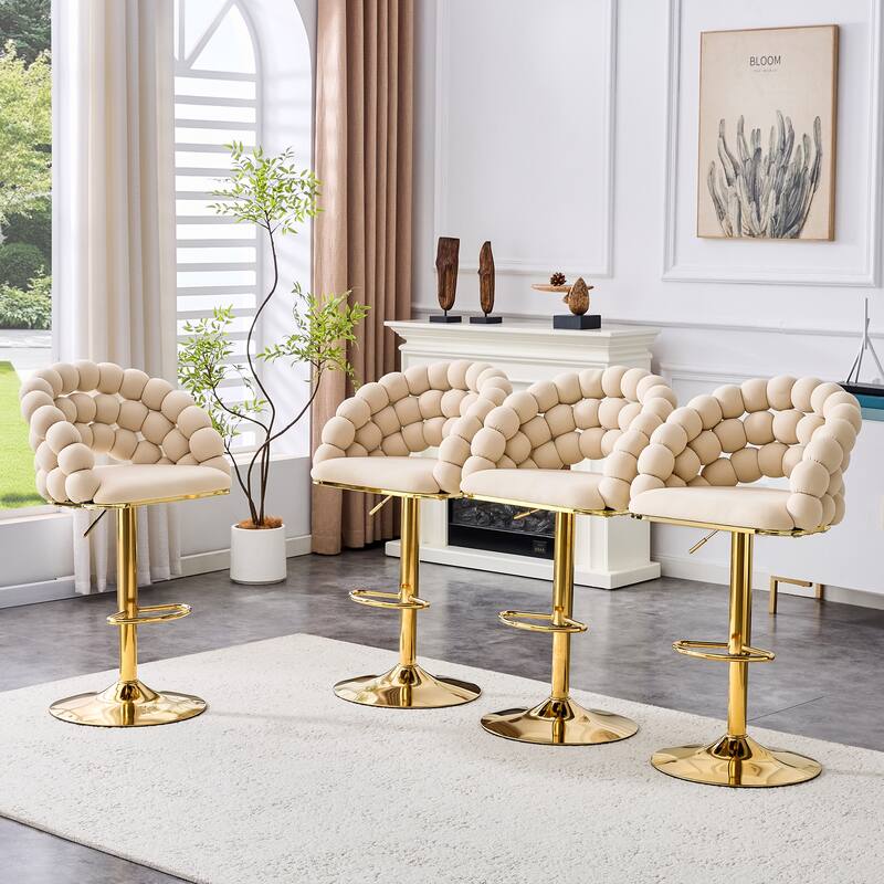 Set of 2 Puffy Bubble Chair Ball Chain Chair Velvet Bar Stools with Gold Legs, Modern Tufted Adjustable Bar Chairs