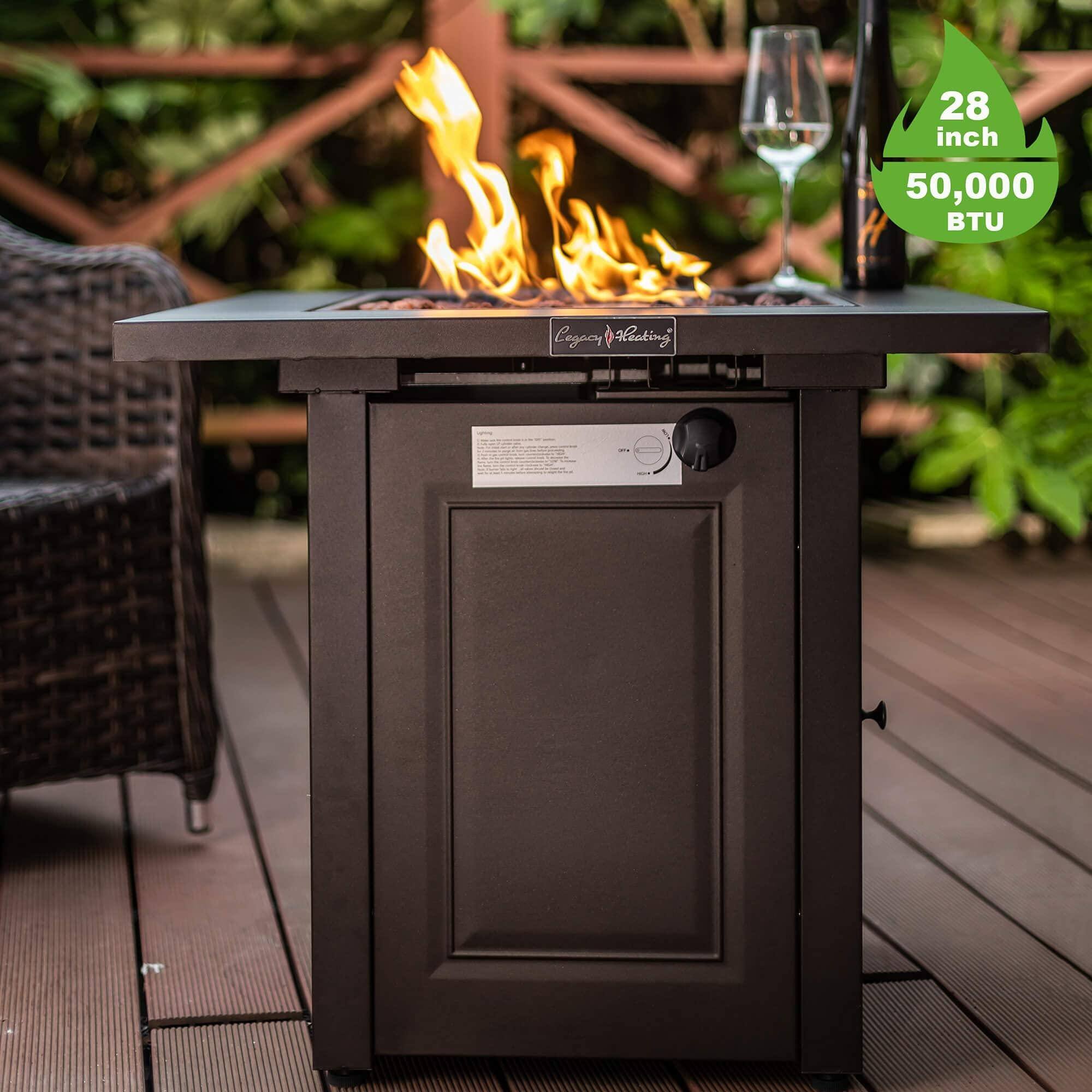 28in, 50000 BTU Propane Gas Square Outdoor Fire Pits Table with Lid, Lava Stone Bed Bath
