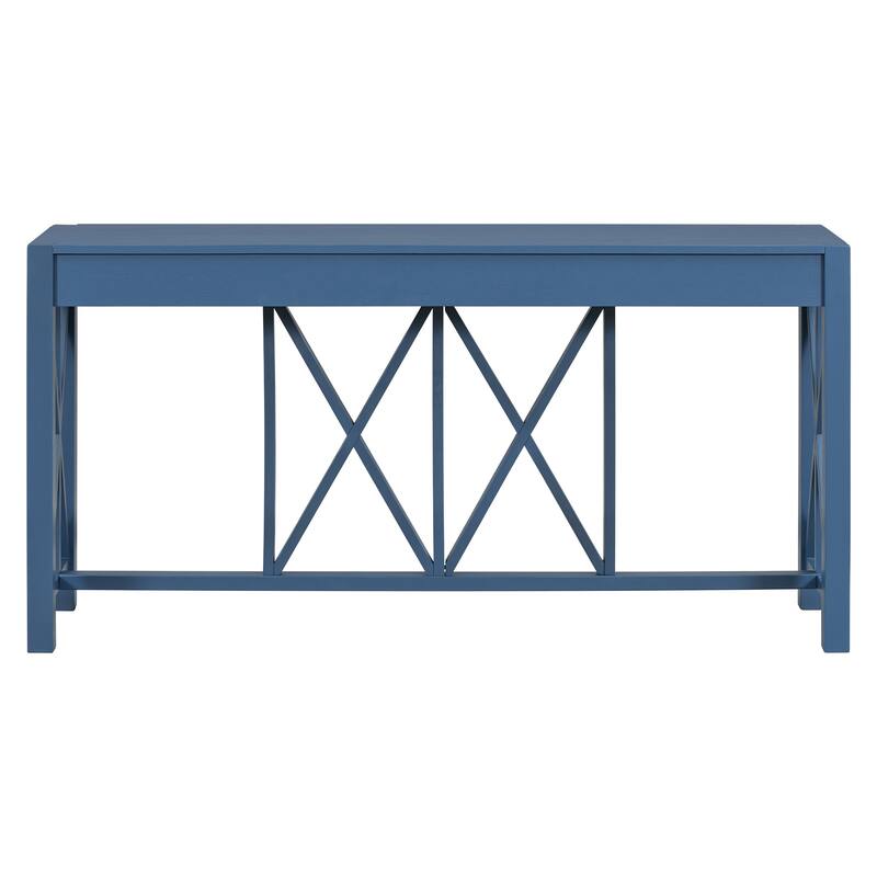 Acacia Veneer Console Table Entryway Table with 4 Drawers and X-Leg, Farmhouse Sofa Table with Open Bottom Storage