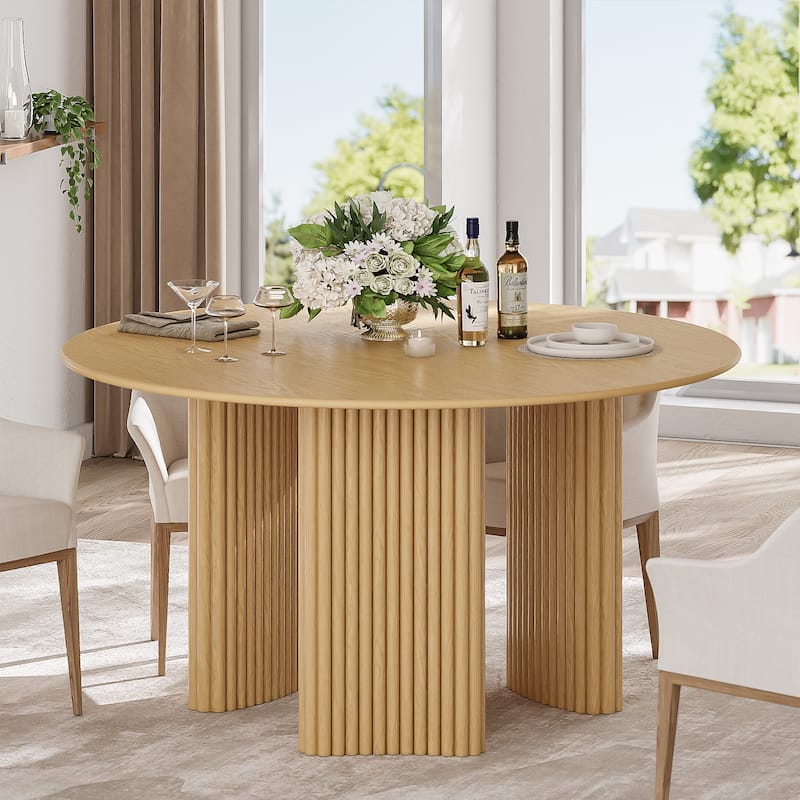Modern Round Dining Table with Striped Column Legs Solid Wood Kitchen Table Anti-Scratch Footpads - Natural - 52 in.L x 52 in.W