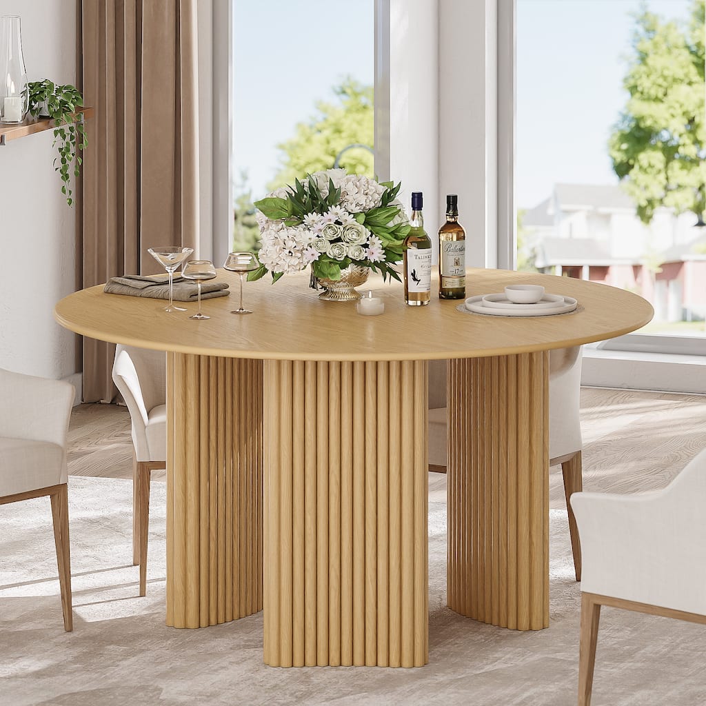 Modern Round Dining Table with Striped Column Legs Solid Wood Kitchen Table Anti-Scratch Footpads