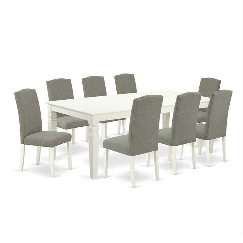 Rectangle Kitchen Table Set 9Pc - 66/84 Inch Table with 8 Chairs - Linen White Legs & Dark Shitake Fabric