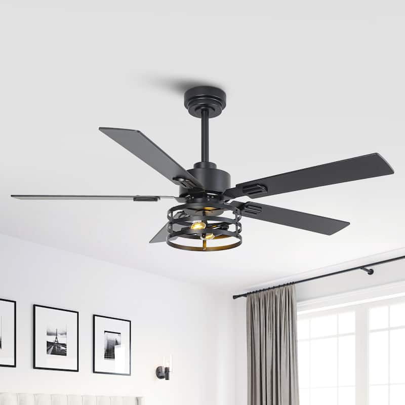 Vaczon 52" Industrial Reversible Wood 5-Blade Black Ceiling Fan with Light and APP Control