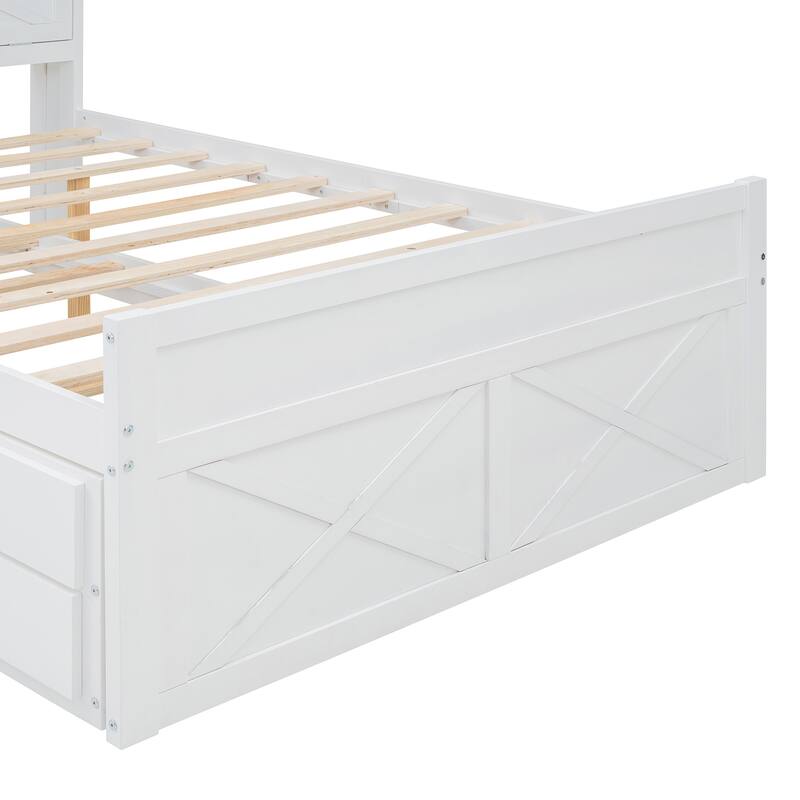 Full Size Wooden Storage Bed with Headboard Outlets, Extendable Trundle and Three Drawers, White