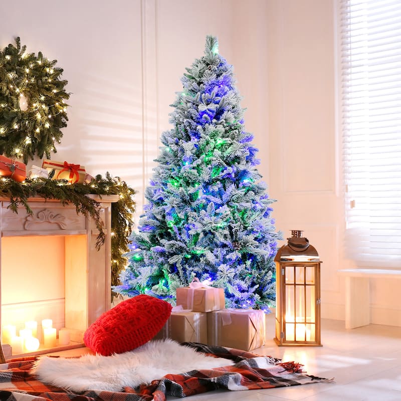 Gymax 4.5/6/7 FT Pre-Lit Artificial Christmas Tree Snow-Flocked Hinged