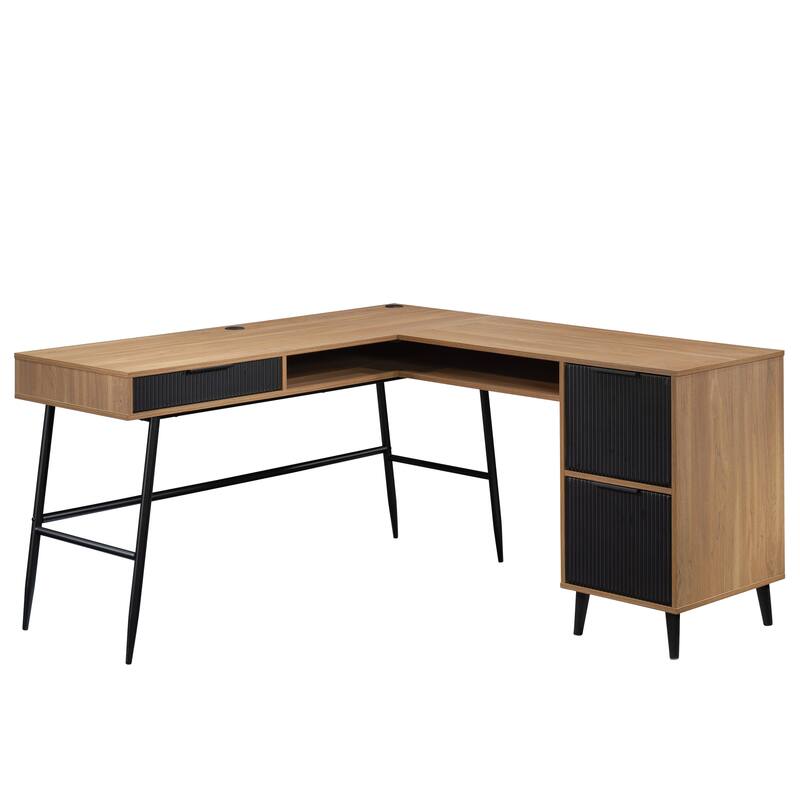 Wood L-Shaped Desk with Cord Management, Brown.
