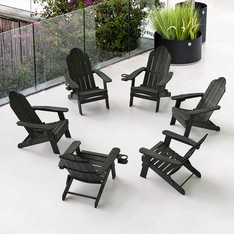 Foldable HDPS Weather Resistant Patio Adirondack Chairs With Cup Holder Set of 6 - 35"D x 30"W x 36.2"H - Black