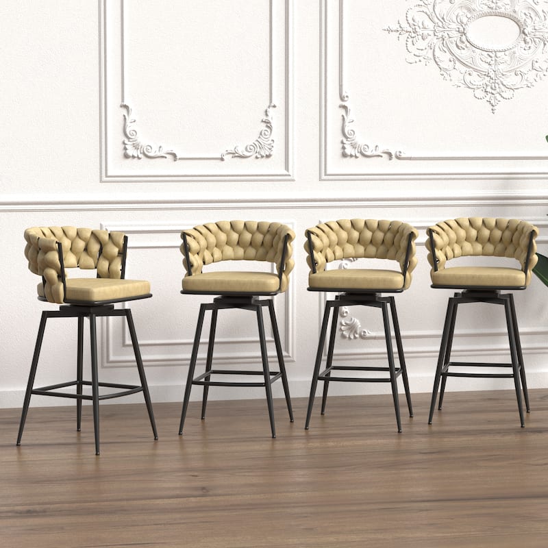 Leather Woven Bar Stool Set of 2, 360° Swivel Upholstered Arm Chairs, Kitchen Island Chairs with Back Footrest