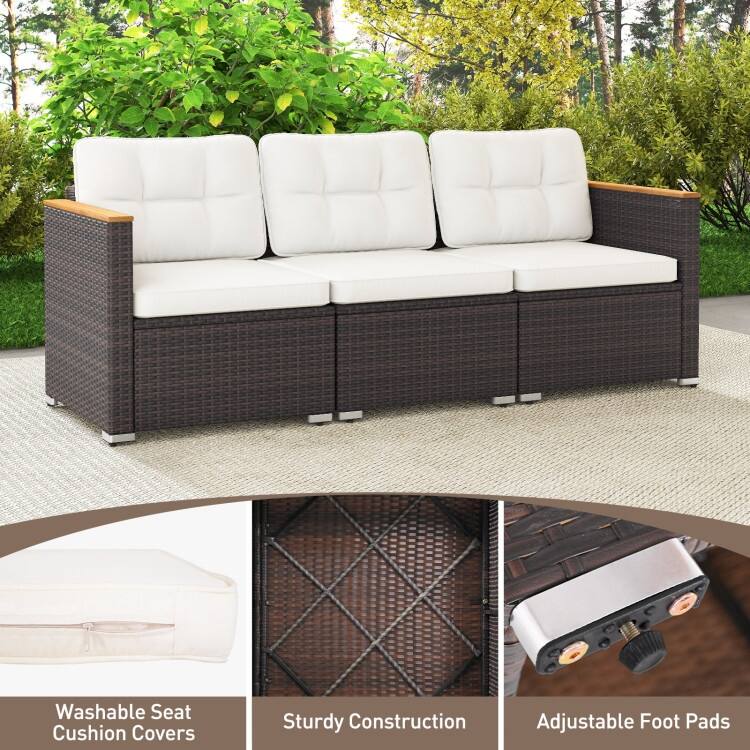 Mix Brown Rattan Metal 3-Seat Patio Sofa with Wood Arms and Cushions - 26" x 76" x 25.5"