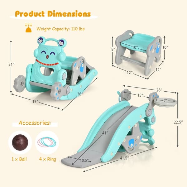 dimension image slide 1 of 2, 4-in-1 Rocking Horse and Slide Set for Kids - 41.5”x28” x 22.5” (L x W x H)