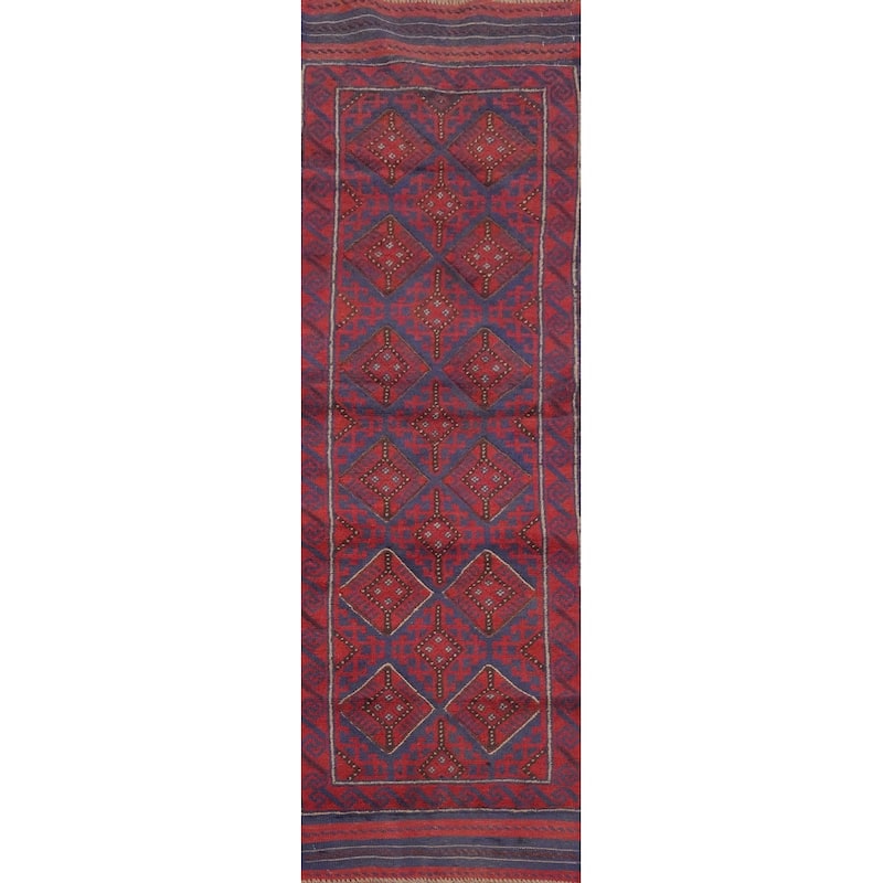 Hand Knotted Oriental 100% Wool Carpet Traditional Tribal Navy Blue & Blues Balouch Runner Rug - 8' 1'' X 2' 0''