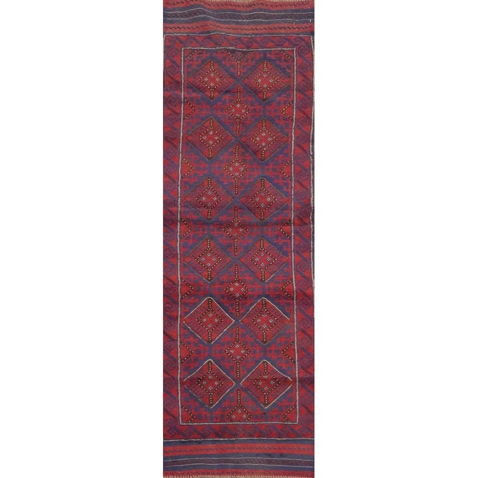 Hand Knotted Oriental 100% Wool Carpet Traditional Tribal Navy Blue & Blues Balouch Runner Rug - 8' 1'' X 2' 0''