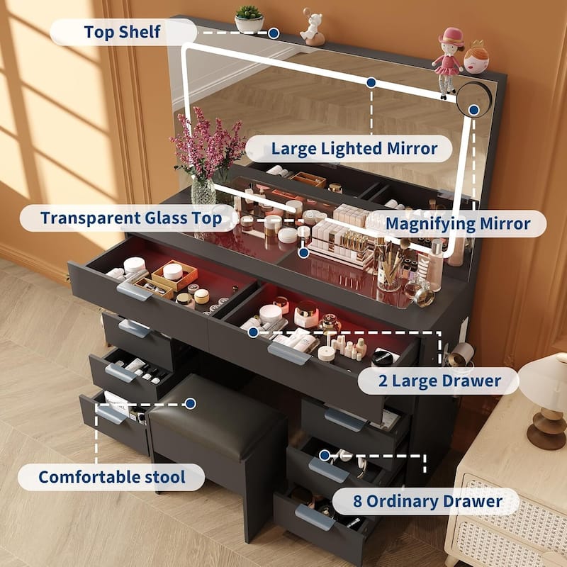 Vanity Desk, Makeup Dressing Table with Large Mirror and Lights