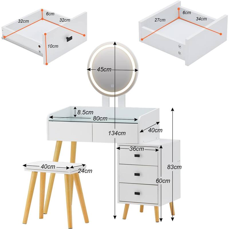Dressing Table with LED Lights Glass Top Table with Extendable Side Table 5 Drawers Dressing Table with Mirror and Stool