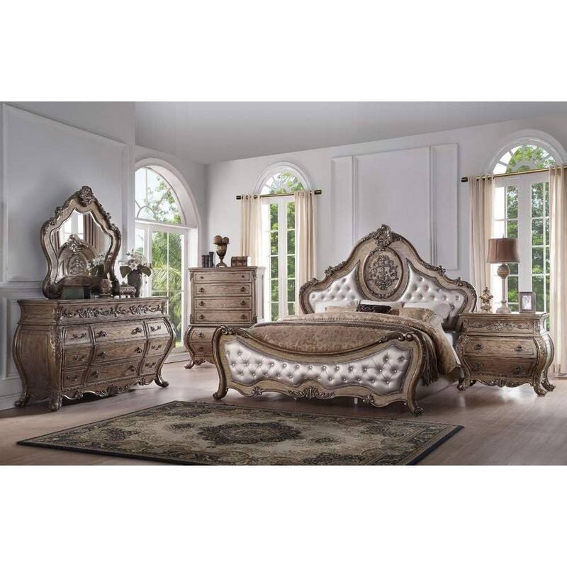 Faux Leather Bed with Button Tufted in Vintage Oak Finish