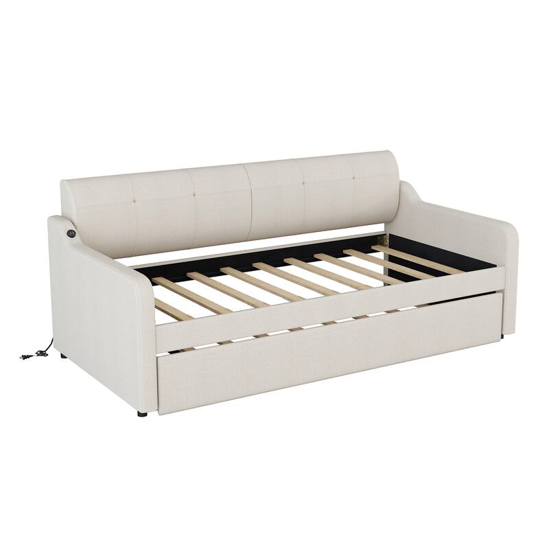 Twin Size Upholstered Daybed with Trundle and USB Charging, Beige
