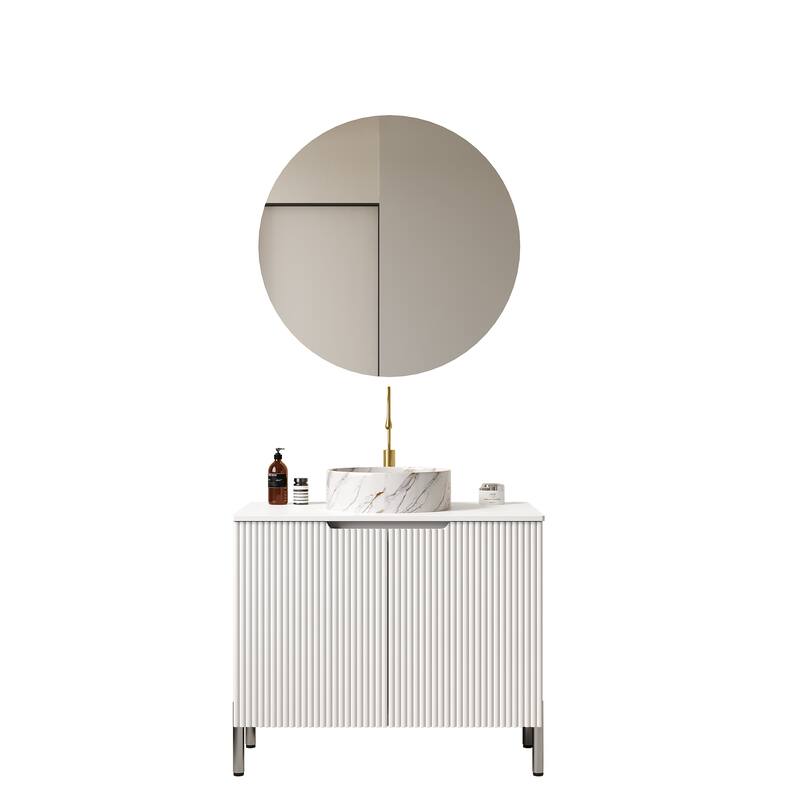Stylish Striped Double Doors Storage Cabinet Bathroom Vanity with Round Stone Pattern Ceramic Basin and Carrara White Countertop