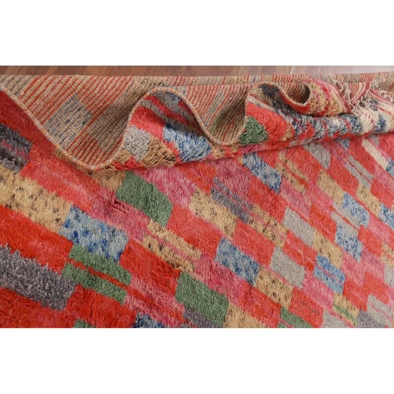 Checkered Moroccan Area Rug Handmade Orange Wool Carpet - 7'1" x 10'0"
