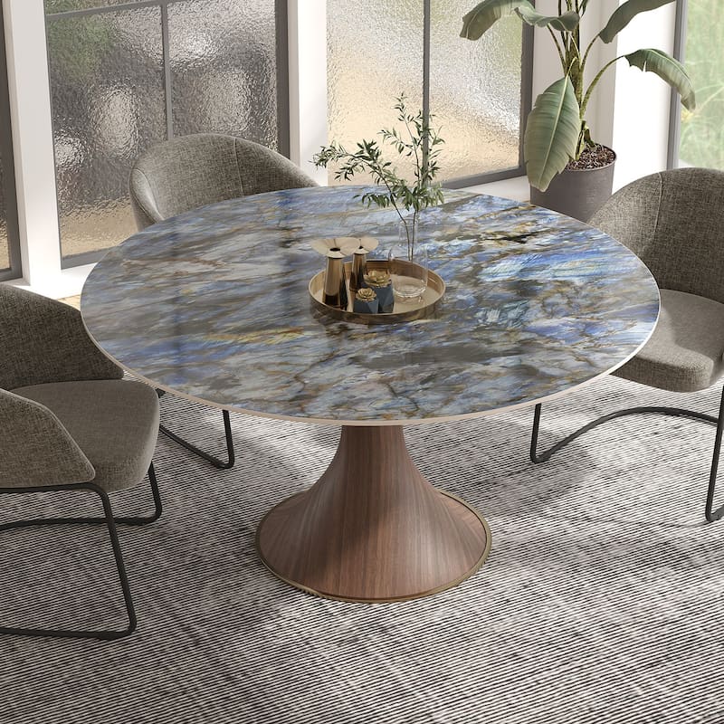 Modern Round Stone Top Black Woodgrain Pedestal Dining Table