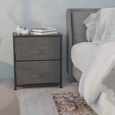 2 Drawer Storage Stand with Wood Top & Dark Fabric Pull Drawers