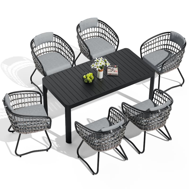 7-Piece Outdoor Patio Dining Set Expandable Rectangular Aluminum Dining Table with PE Rattan Dining Chairs