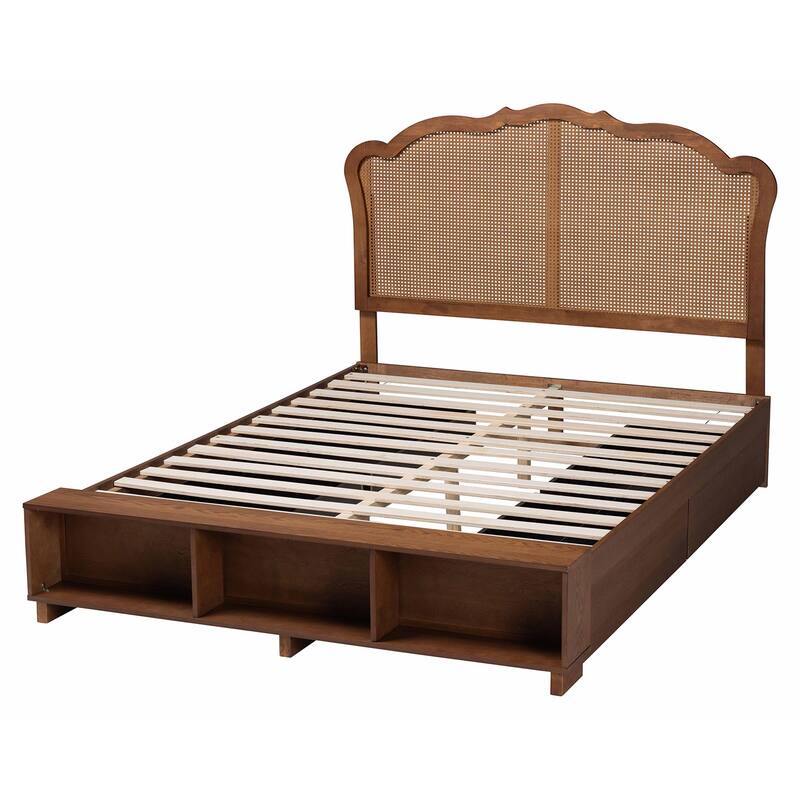 Latrell Mid-Century Walnut Brown Wood and Rattan Storage Bed